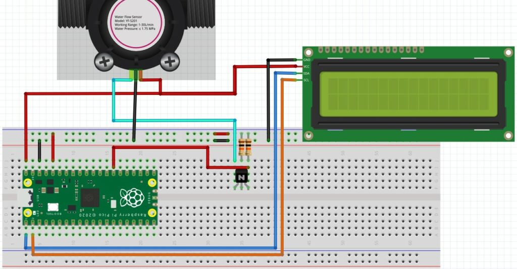 flow sensor wiring with LCD and Raspberry Pi pico