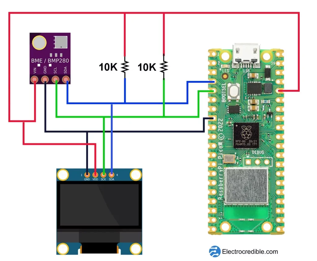 Raspberry Pi Pico connection with BME280 and OLED display