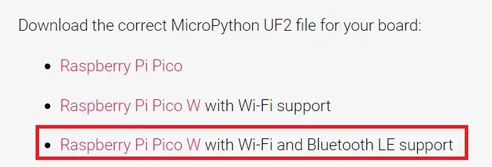 Download page screenshot for MicroPython UF2 (with BLE support) for Raspberry Pi Pico W